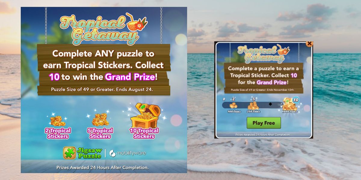 Screenshot of an in-app message from the Jigsaw Puzzle liveops event, Tropical Getaway.